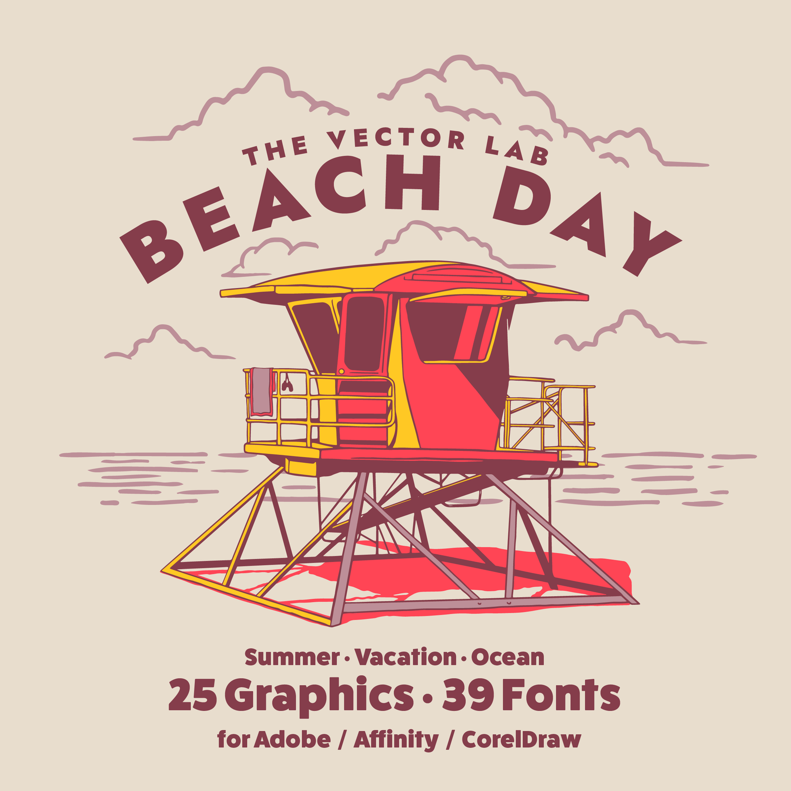 Beach Day Graphic and Logo Templates for Adobe Affinity CorelDraw