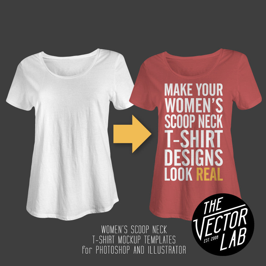 Women's Scoop Neck T-Shirt Mockup Templates for Photoshop and Illustrator