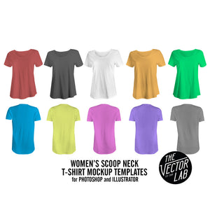 Women's Scoop Neck T-Shirt Mockup Templates for Photoshop and Illustrator