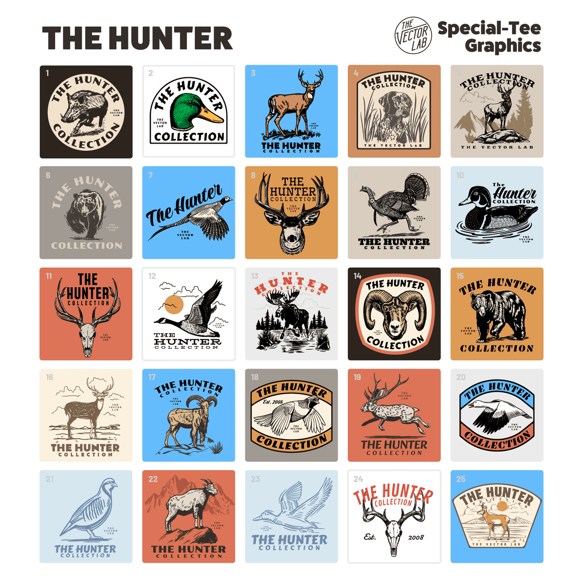A collection of Hunting • Wildlife • Game Animal themed graphic & logo templates