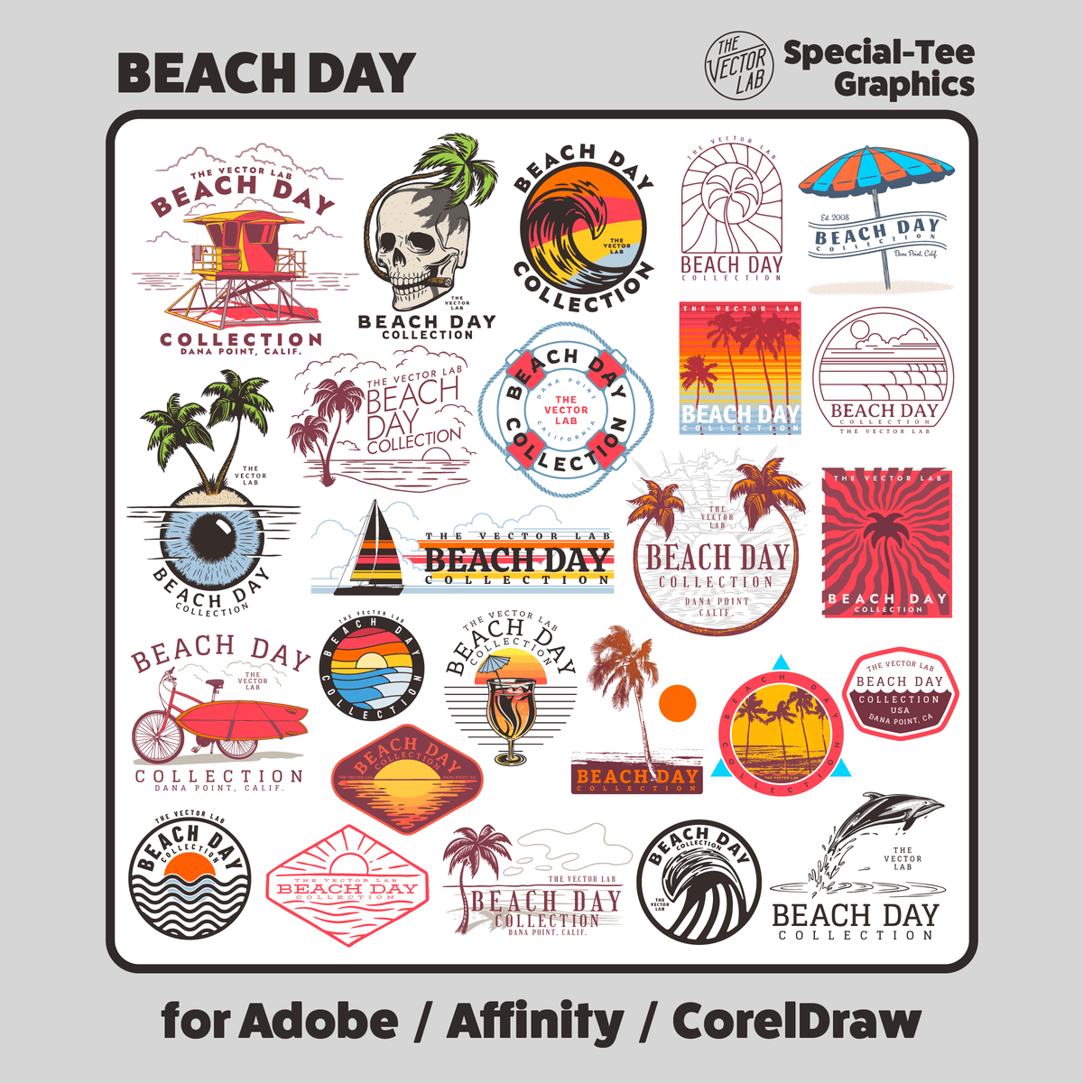 Beach Day Graphic and Logo Templates for Adobe Affinity CorelDraw