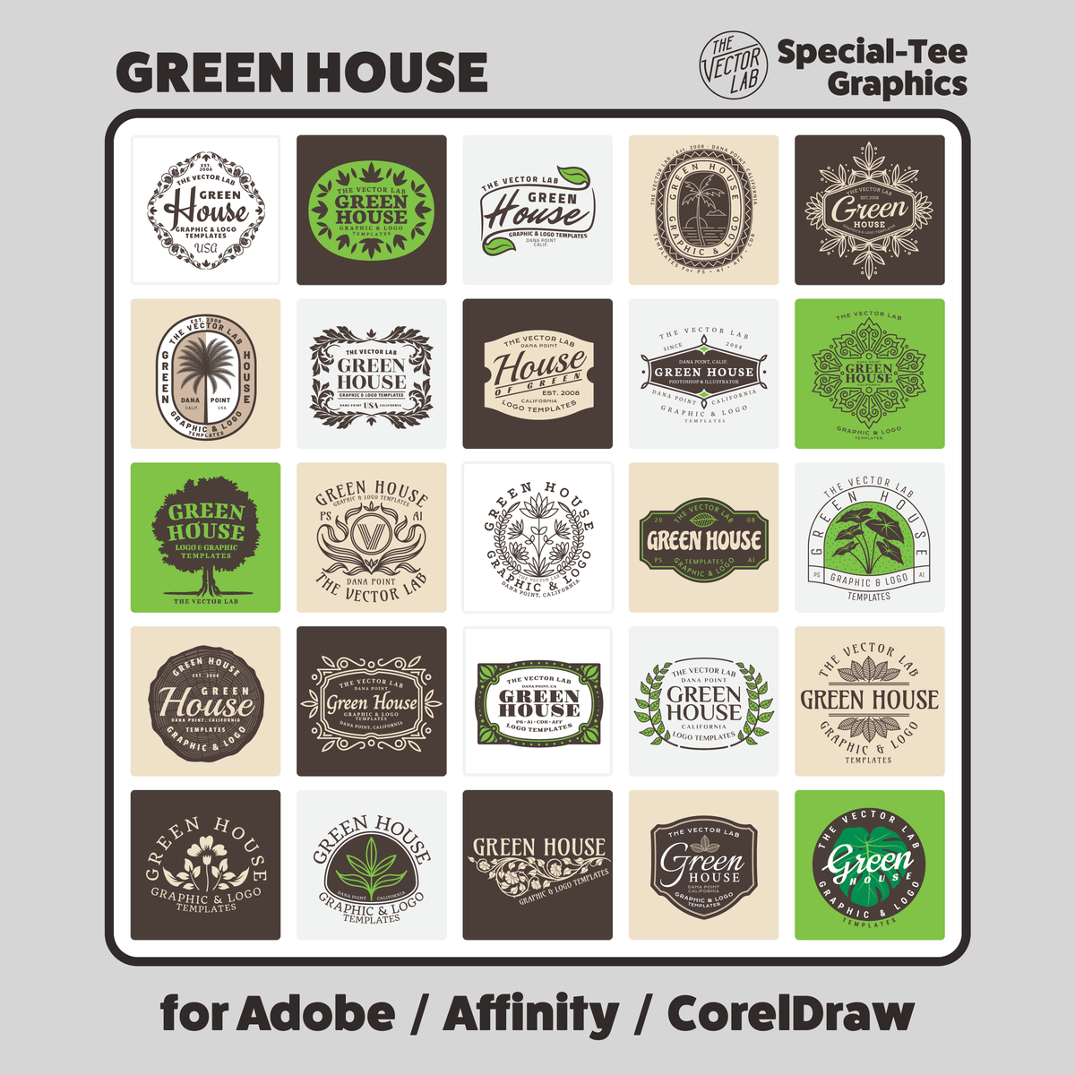 Green House Graphic Logo Templates for Adobe Affinity CorelDraw